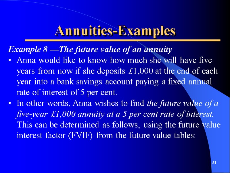 Annuities-Examples 51  Example 8 —The future value of an annuity Anna would like